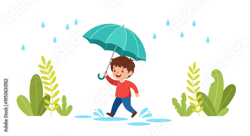 Joyful young boy with a bright turquoise umbrella happily splashing through puddles on a rainy day surrounded by lush