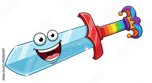 Joyful cartoon sword character with rainbow handle and big smile expressing happiness and fun 2d illustration