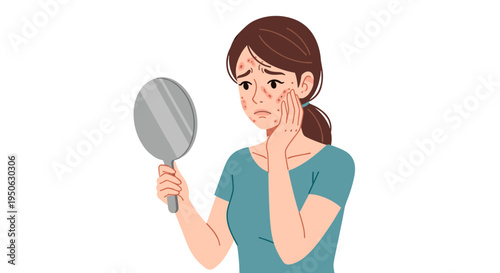 Woman examining her face in a hand mirror showing concern and distress over wrinkles and skin aging isolated on white