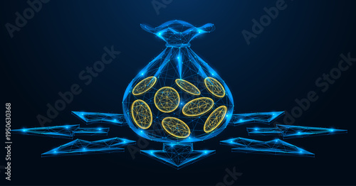 Digital stock assets, wealth distribution. A bag of coins from which the arrows diverge in different directions. The concept of digital finance, blockchain and modern technologies.