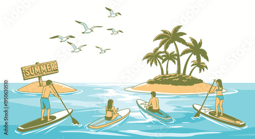 Vector illustration of people paddleboarding in ocean with tropical island
