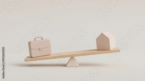 work life balance concept with 3d briefcase and house icons on wooden see saw depicting professional career and personal life equilibrium on minimalist beige background