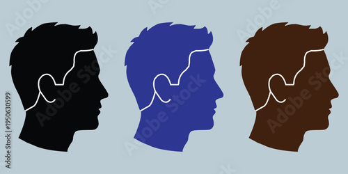 Set of 3 diverse human head icons with brain vector
