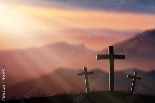 Resurrection, wooden Crosses On Hill At bright Sunset