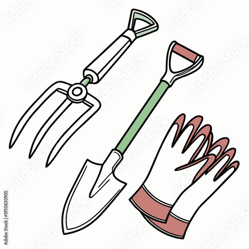 Gardening tools and glove on a white background trowel cultivator gardening glove