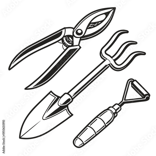 Gardening tools on a white background pruning shears trowel cultivator