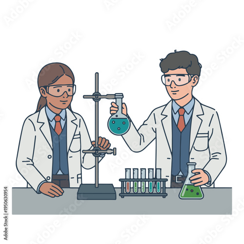 Two scientists working together in a laboratory setting with various equipment