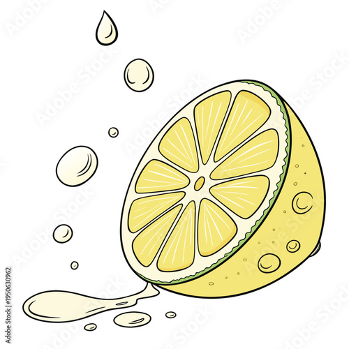 Of lemon cut in half with juice drops citrus fruit