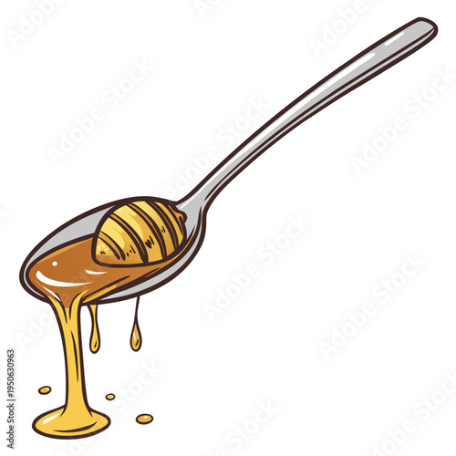 Honey and honey dipper on a spoon dripping golden