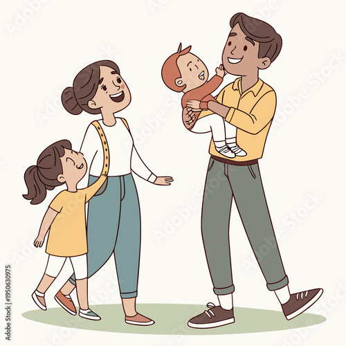 Cartoon family with a baby and a little girl parents