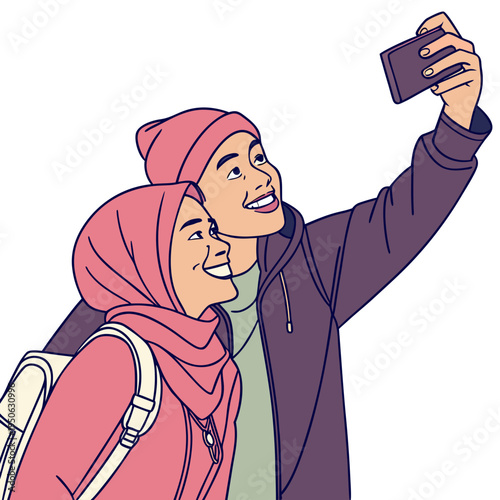 Young couple in casual wear taking selfie young adults happy