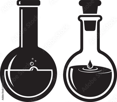 Laboratory flasks with liquid and bubbles