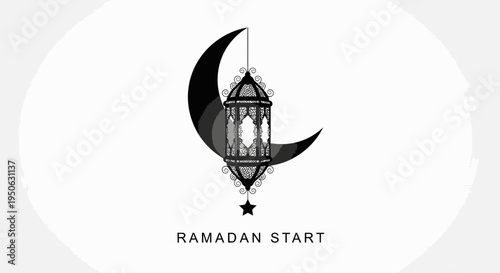 Ramadan start, crescent moon and lantern