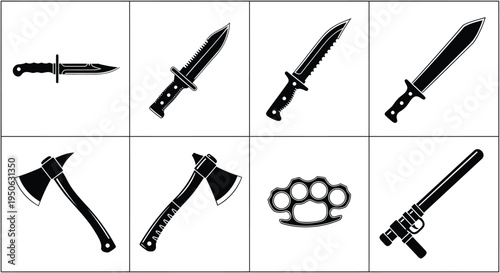 Set of 8 weapon icons vector, knife, axe, gun, knuckle duster