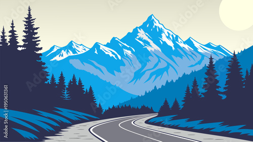 Scenic vector illustration of a road leading through pine forest toward snowy mountains. Perfect for travel design, outdoor adventure themes, nature backgrounds, road trip concepts, and landscape art.