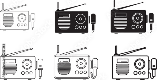 Variations of vintage radio designs in minimalist black and white illustrations