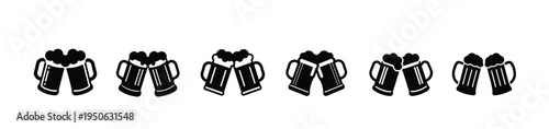 Cheers and beer mug clinking silhouette icon featuring foamy froth, pub bar celebration drink party more vector illustration or editable stroke.