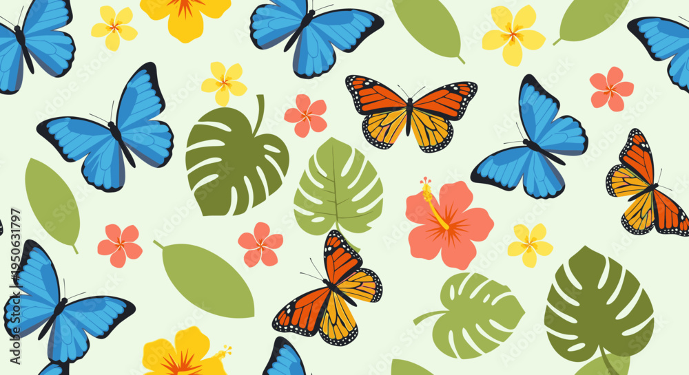 Obraz premium Colorful butterflies and flowers pattern.