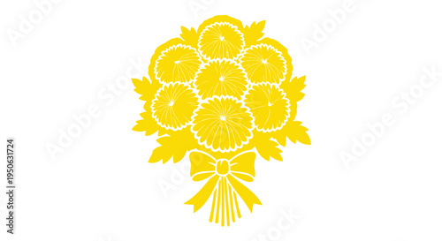 Vector bouquet of 7 yellow flowers with leaves