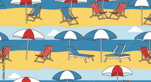 Beach scene with colorful beach chairs and umbrellas on sandy shore.