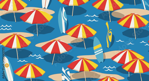 Colorful beach umbrellas and surfboards pattern.