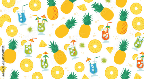 Colorful illustration of pineapple slices and cocktails.