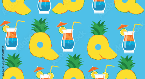 Colorful pattern of pineapple cocktails and letters.