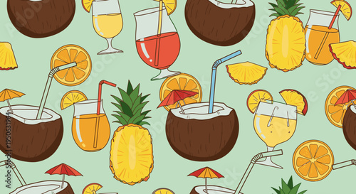 Colorful tropical drink and fruit pattern.
