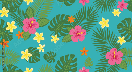 Vibrant tropical floral pattern with leaves.