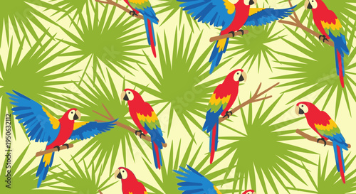 Vibrant tropical pattern featuring numerous colorful macaws and lush green palm leaves, creating a lively exotic background.