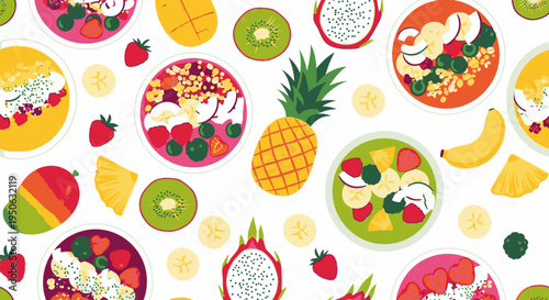 Colorful pattern of healthy fruit smoothie bowls and fresh tropical fruits on a white background, depicting a vibrant and nutritious meal.