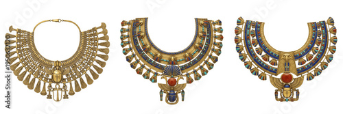 Fotografie Set and collection of ancient Egyptian golden collar necklaces with lapis lazuli