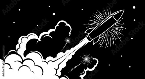 rocket launching into starry night sky with smoke