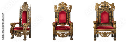 Tableau sur toile Set and collection of royal golden thrones with red velvet upholstery and ornate