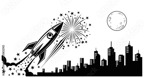 rocket launching into night sky over city