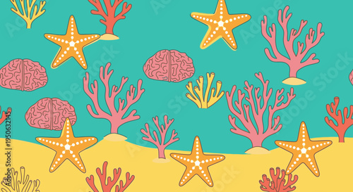 An illustrative underwater scene featuring orange starfish, pink and yellow coral, and brain coral on a sandy yellow seabed with a teal water background.