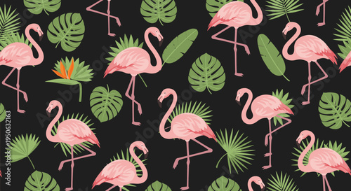 A vibrant seamless pattern featuring elegant pink flamingos amidst lush green tropical leaves on a dark background, perfect for textile design.