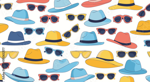 Seamless pattern of colorful summer hats and sunglasses on a white background, featuring various styles like fedoras and wide-brimmed sun hats in a playful cartoon vector art style.