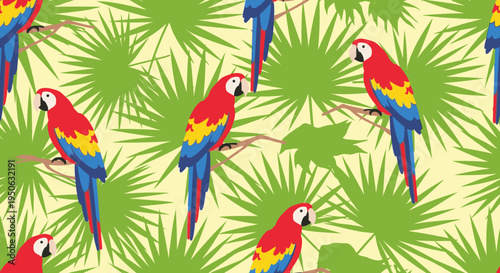 Vibrant parrots on tropical leafy background.