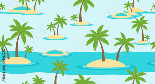 Seamless pattern featuring numerous small tropical islands with green palm trees scattered across a vibrant blue ocean under a light blue sky, in a flat cartoon style.