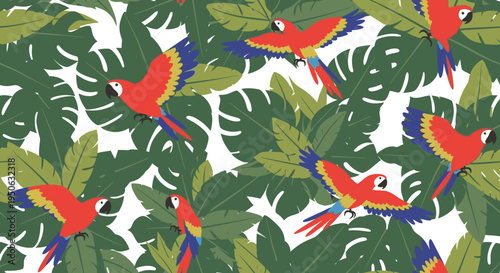 Vibrant illustration of red and blue macaws flying and perching amidst a dense pattern of green tropical leaves and white background.