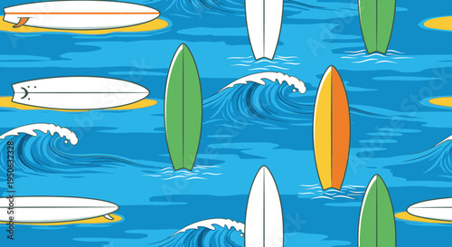 A vibrant seamless pattern featuring colorful surfboards floating and standing in blue ocean waves with sandy patches, perfect for a summer background.