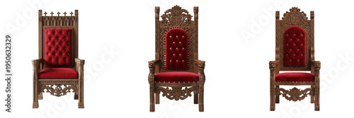 Valokuva Set and collection of royal medieval wooden thrones with red velvet upholstery a
