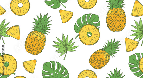 Seamless pattern with hand-drawn pineapples, pineapple slices, and tropical green leaves on a white background, perfect for summer designs.