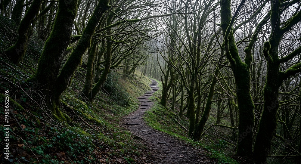 Fototapeta premium Winding through an ancient, moss-laden forest, a mystical path invites exploration into nature's quiet depths