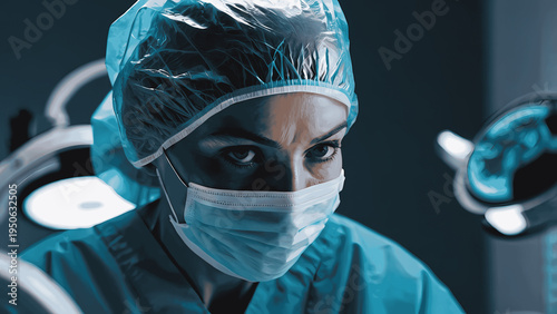 female surgeon in protective gear, modern operating room medical professional with bright lights and equipment