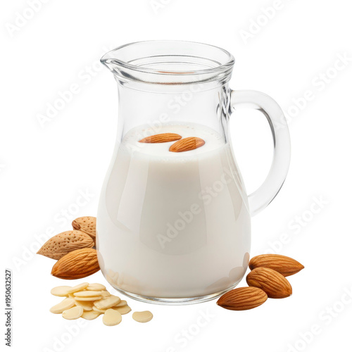Almond milk in a pitcher with almonds