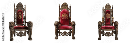 Fotografía Set and collection of royal medieval throne chairs with red velvet upholstery an