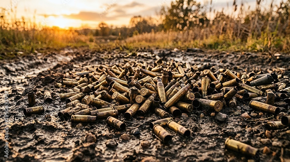 Fototapeta premium Empty Shell Casings Scattered in Mud on Battlefield