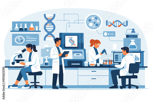 Modern Gene Therapy Innovation Hub Laboratory with Scientists in Lab Coats Working on DNA Research, Biotechnology Experiments, Genetic Engineering, and Medical Science Breakthroughs Illustration.